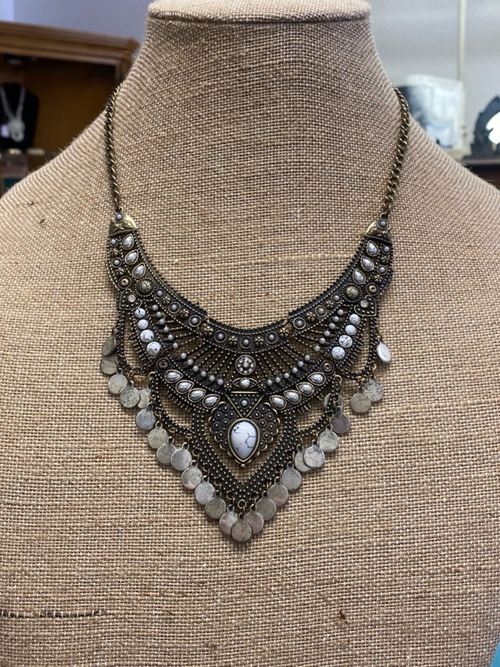 Boho Statement Bib Necklace with White Stone Accents